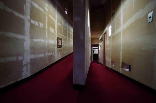 a hallway with a red carpet in a building at 建築家渡邊洋治設計 斜めの家 The Diagonal House in Joetsu