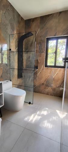 a bathroom with a shower and a toilet and a window at Vista al mar live in La Puntica de Juan Dolio