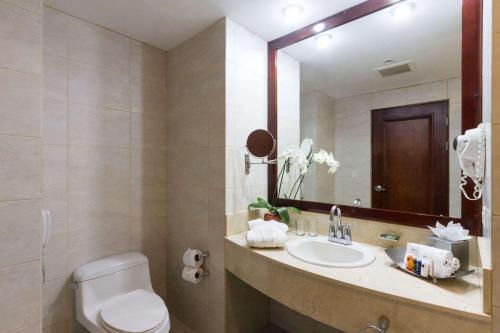 a bathroom with a sink and a toilet and a mirror at Radisson San Jose-Costa Rica in San José