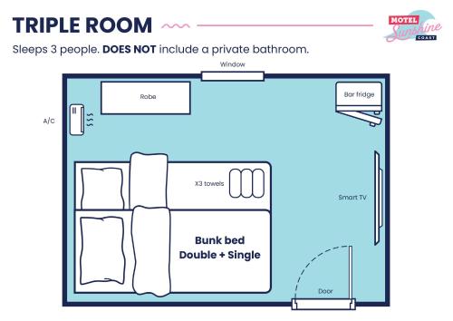 a schematic diagram of a hotel room at Motel Sunshine Coast in Caloundra