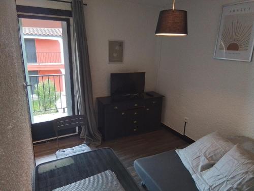 une chambre avec un lit, une télévision et une fenêtre dans l'établissement Mas Dels Caminhs, à Villepinte