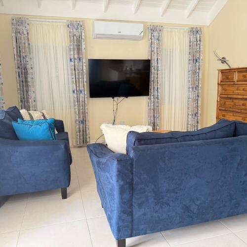 a living room with two blue couches and a tv at Jamnick Vacation Rentals - Fern Court, Richmond Estate, St Ann, Jamaica in Ocho Rios