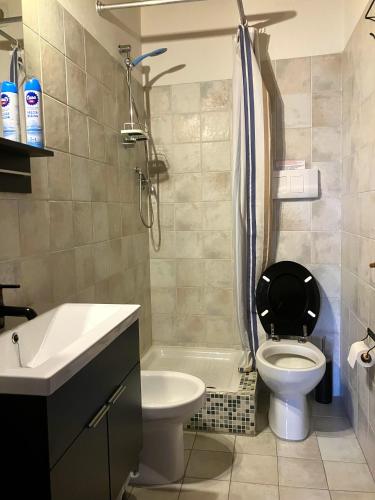 a bathroom with a toilet and a sink and a shower at Lo Scricciolo in Montecastelli Pisano