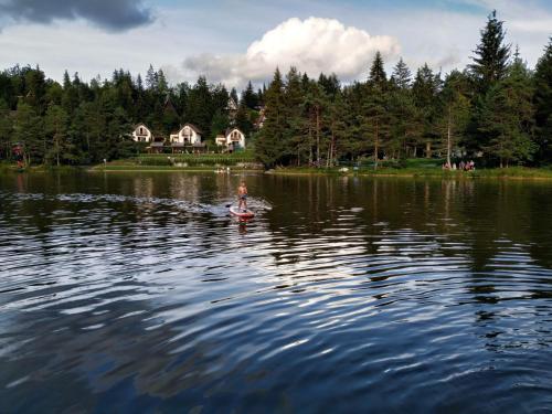 a person on a paddle board on a lake at Pine Hill RUBY in Rakitna
