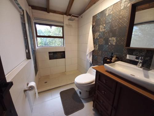 a bathroom with a shower and a toilet and a sink at La Posada del Chagra HOST in Machachi