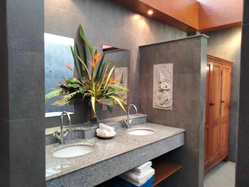 a bathroom with two sinks and a potted plant at MJ Beautiful sunset beach house in Ban Na We