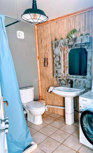 a bathroom with a toilet and a sink at Villa Mihaila in Ofrínion
