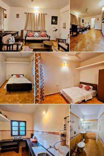 un collage di quattro foto di una camera d'albergo di Wonder Stays 2BHK apartment, Goa a Colva