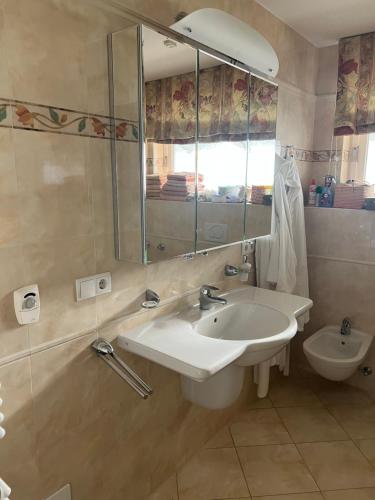 une salle de bain avec un lavabo et un miroir et des toilettes dans l'établissement Dünenhaus Garten, à Timmendorfer Strand