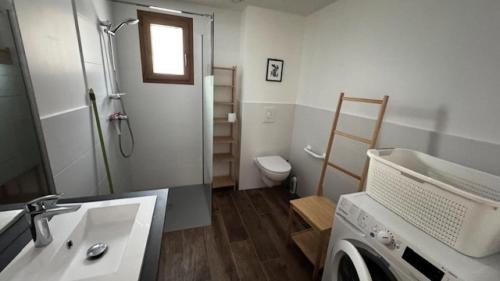 une salle de bain avec un lavabo et une machine à laver dans l'établissement Chalet Epilobe - Superbe appartement prestige à 50m des pistes MAE-5171, à Montgenèvre