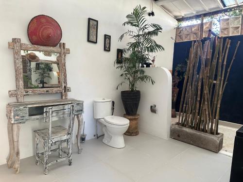 a bathroom with a toilet and a mirror and a plant at Melati House in Uluwatu