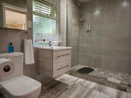 Un baño con ducha, inodoro y lavabo. en Sunset Nest & Seabreeze Shores, en Knysna