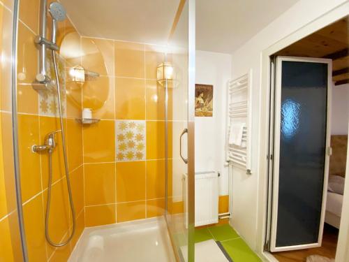 une salle de bain avec une douche, un lavabo et une baignoire dans l'établissement Piața Sfatului Brassai Apartments, à Braşov