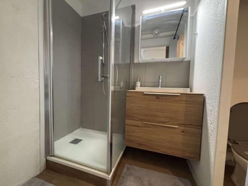 une salle de bain avec une douche, un lavabo et un miroir dans l'établissement Appt Studio cabine LA ROCHELLE - LR240-207, à La Rochelle