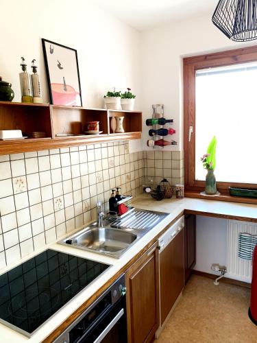 a kitchen with a sink and a counter top at Chalet Wienerwald in Königstetten