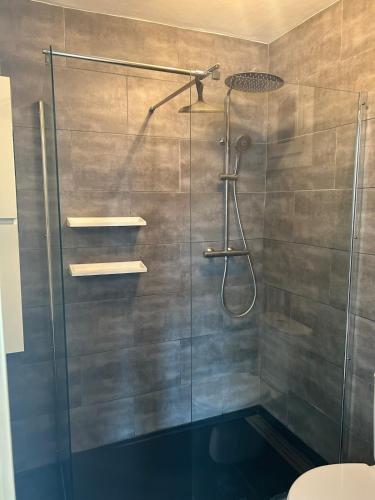 une douche avec une porte vitrée dans une salle de bain dans l'établissement Le Citadin T3, à Marseille