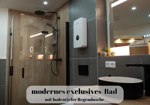 a bathroom with a shower with a mirror and a sink at Ferienwohnungen Im Kimmelreich in Irsch