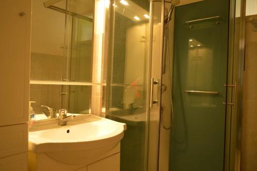 une salle de bain avec un lavabo et une douche en verre dans l'établissement Appartement 2 pièces 5 couchages ARGELES SUR MER AR350-0D3, à Argelès-sur-Mer