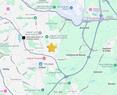 a map with a yellow star on it at 4 Bedroom Equipped House Driveway- 10 Mins to NEC JLR BHX HS2 & More- Birmingham Sutton Coldfield, Coleshill & More in Solihull