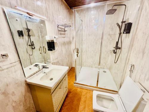 a bathroom with a sink and a shower and a toilet at Shabistan Premium Houseboats in Srinagar