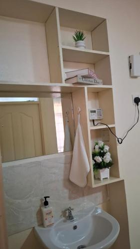 a bathroom with a sink and a mirror at Ponton Stays in Eldoret