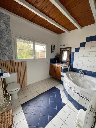 une salle de bain avec une baignoire, des toilettes et un lavabo dans l'établissement Charming house with garden terrace and barbecue, à Saint-Cricq