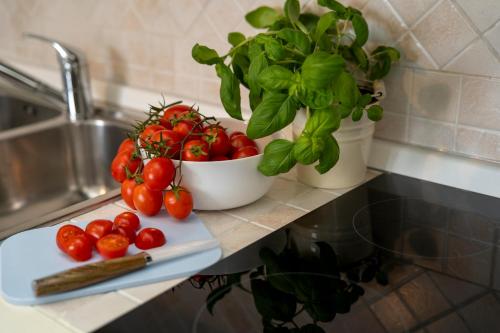 a counter with a plate of tomatoes and a plant at Sotto la Torre in Caiazzo