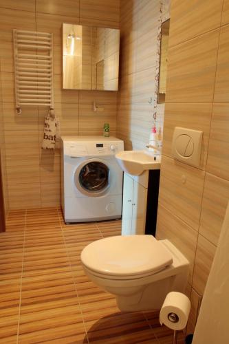 a bathroom with a toilet and a sink and a washing machine at Apartament Warszawska in Kielce