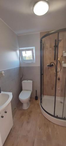 a bathroom with a shower and a toilet and a sink at RESET domki letniskowe in Gąski