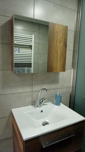 a bathroom with a sink and a mirror at Marina's Cottage in Lagolíon