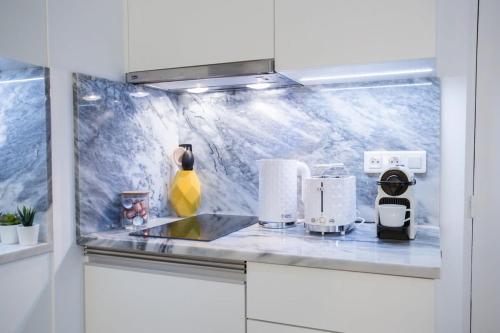 une cuisine avec un plan de travail, un évier et des appareils électroménagers dans l'établissement La Boutique du Sentier, à Paris