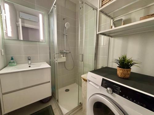 une salle de bain avec une machine à laver et un lavabo dans l'établissement T2 en rez-de-jardin avec terrasse privative, résidence avec piscine et tennis, à Six-Fours-les-Plages