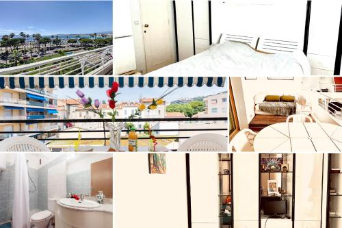 un collage de photos d'une chambre avec balcon dans l'établissement Perle Rare Cannes Croisette Vue Mer Parking 4P, à Cannes