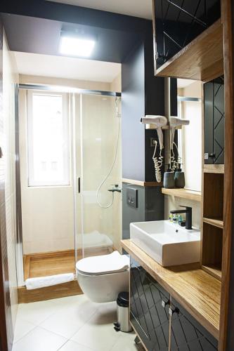 a bathroom with a toilet and a shower and a sink at Apartmani Kraljevi Čardaci in Kopaonik