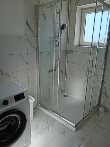a shower in a bathroom with a washing machine at Apolo Apartments in Pula