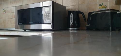 a microwave and a toaster oven on a kitchen counter at Orchidea Apartman in Gödöllő