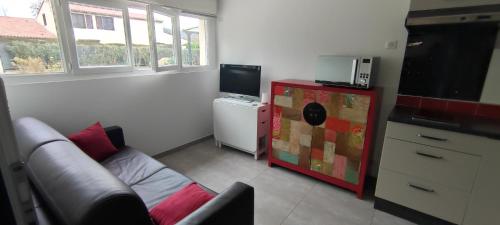 un salon avec un canapé et une télévision dans l'établissement Charmant studio climatisé avec parking, terrasse et piscine, à Villeneuve-Loubet