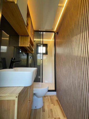 a bathroom with a white sink and a toilet at Houseboat mét sloep in Midlaren