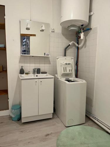 une petite cuisine avec un évier et une machine à laver dans l'établissement Maison calme, à Seyne