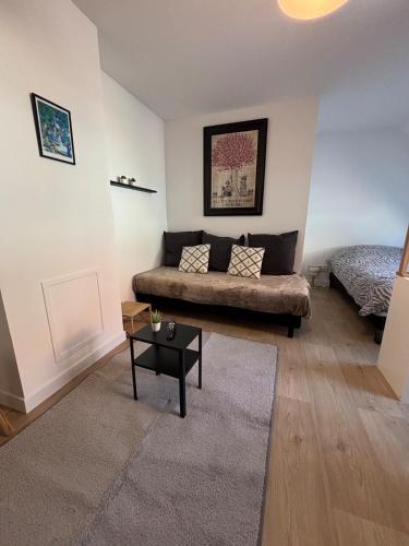 un salon avec un canapé et une table dans l'établissement ღ L'AlterEgo - Hyper Centre, Parking Privé & Wifi, à Douai