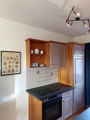 a kitchen with wooden cabinets and a black stove top oven at Natur Erlebnishof Aumayr in Gutau