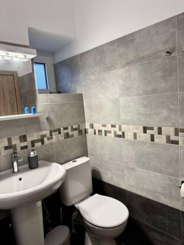 a bathroom with a white toilet and a sink at Amalour Villa in Amálon