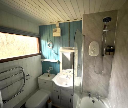 a bathroom with a sink and a shower and a toilet at Woodland Retreats in Fort William