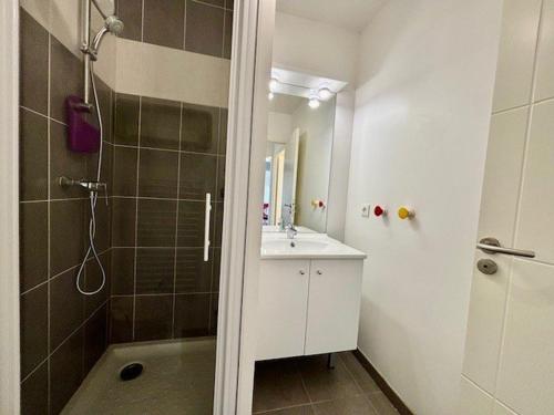 a bathroom with a sink and a shower at Quiberon : Appartement 2P avec Terrasse et Animaux Acceptés - FR-1-478-32 in Quiberon