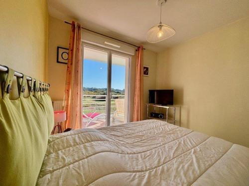 a bedroom with a bed and a large window at Quiberon : Appartement 2P avec Terrasse et Animaux Acceptés - FR-1-478-32 in Quiberon