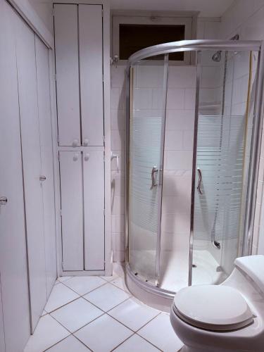 a white bathroom with a shower and a toilet at The Plateau Chateau in Queens