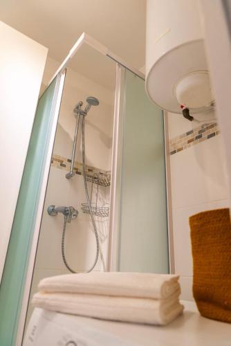 une douche dans une salle de bain avec un miroir dans l'établissement Cosy studio Métro 14, 13, à Paris
