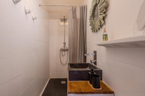 une petite salle de bain avec un lavabo et une douche dans l'établissement Le Logis de la Veillere - Grand Jardin de 1 000 m², à Villaines-la-Gonais