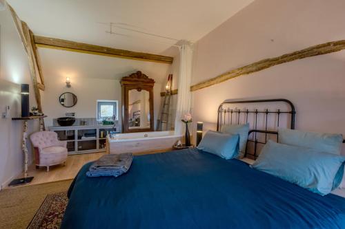 une chambre avec un lit bleu et un miroir dans l'établissement Le Logis de la Veillere - Grand Jardin de 1 000 m², à Villaines-la-Gonais