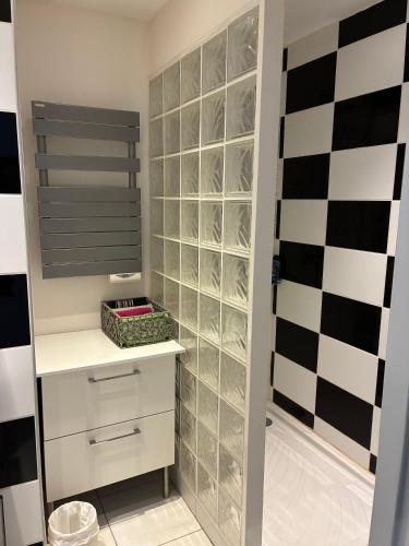 La salle de bains est pourvue d'un dressing avec des panneaux en verre. dans l'établissement Appartements Residilaverde Gare, à Grenoble